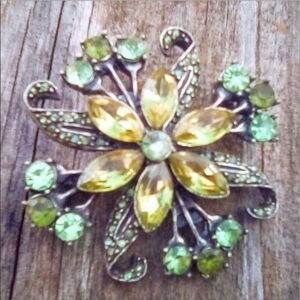Vintage Rhinestone Floral Brooch Yellow Green Silver Tone